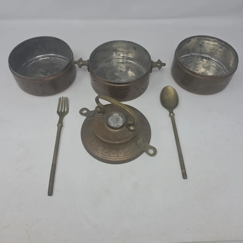 Vintage Brass Tiffin Stacking Food Boxes With Fork And Spoon Screw in Handle